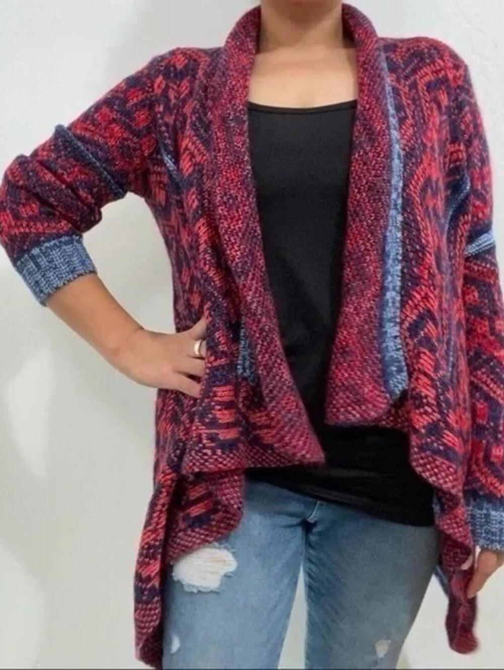 Blue Rain $68 Sm/Medium Red Blue Aztec Pattern Open Front Draped Knit Cardigan